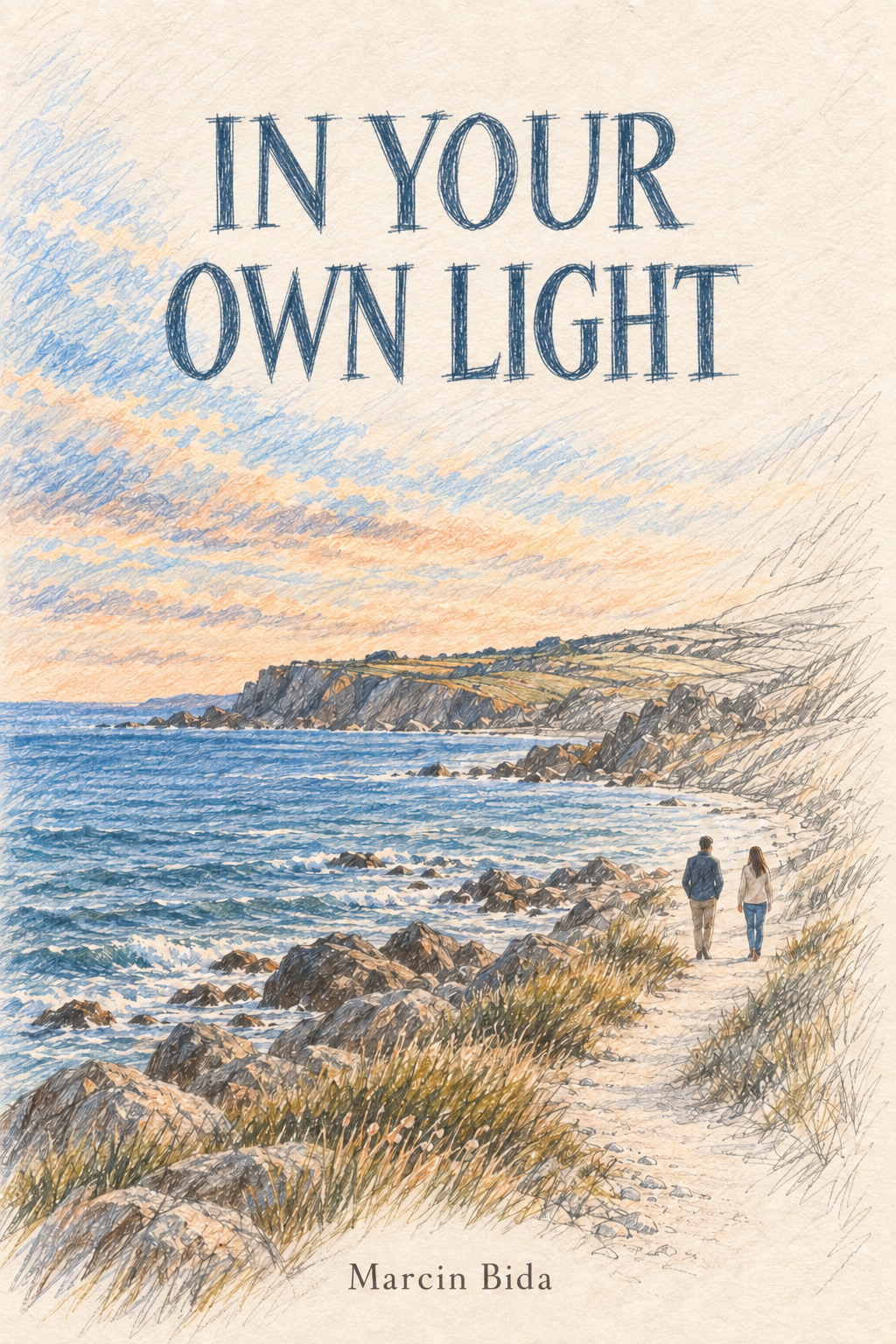 Two people walking beside the sea, drawn in coloured pencil. In Your Own Light by Marcin Bida.